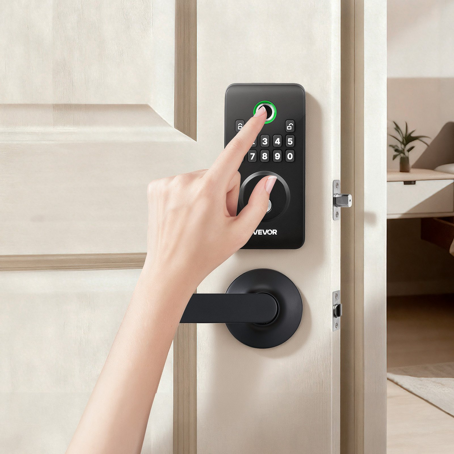 Start2Finish VEVOR fingerprint door lock set with handle, matte black electronic biometric deadbolt, keypad, and auto-lock feature.