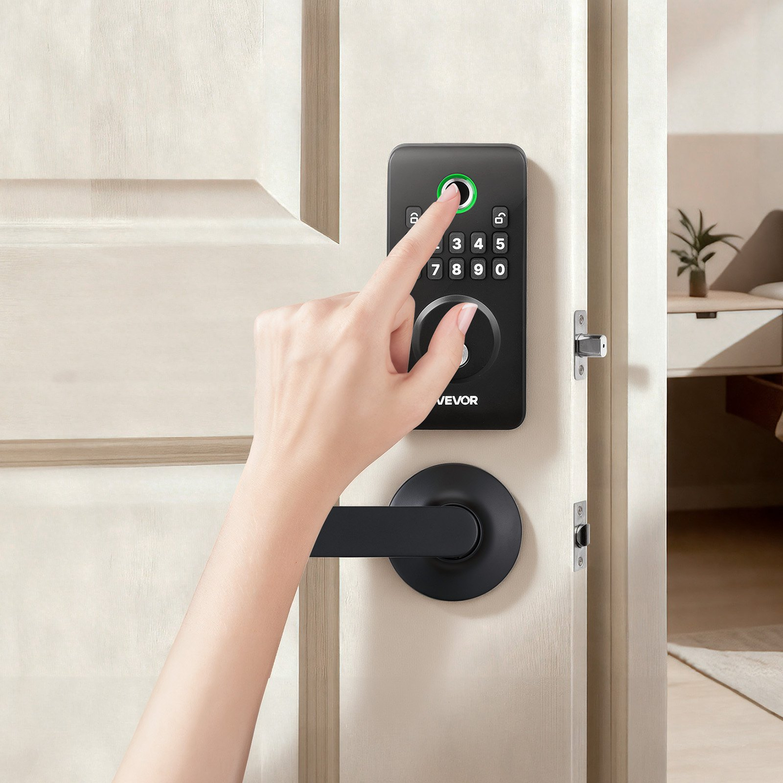 Start2Finish VEVOR fingerprint door lock set with handle, matte black electronic biometric deadbolt, keypad, and auto-lock feature.