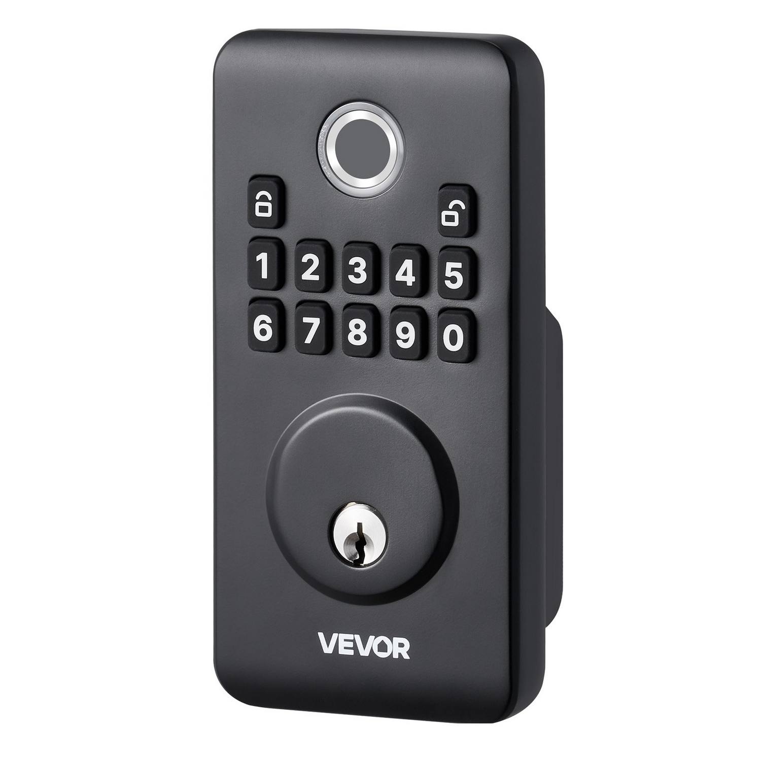 Start2Finish VEVOR fingerprint door lock set with handle, biometric deadbolt, matte black finish, keypad, and auto-lock feature.