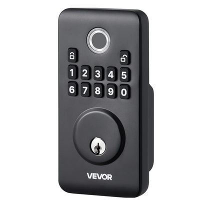 Start2Finish VEVOR fingerprint door lock set with handle, biometric deadbolt, matte black finish, keypad, and auto-lock feature.