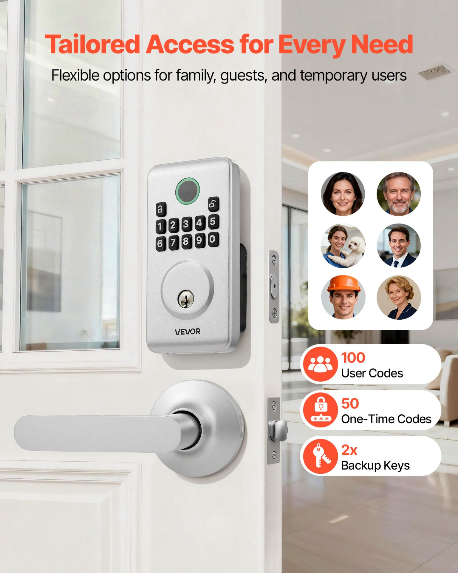 Start2Finish VEVOR keyless entry door lock with handle set, electronic keypad, deadbolt, silver finish, auto lock, and anti-peeking feature.