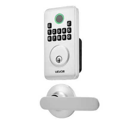 Start2Finish VEVOR keyless entry door lock with handle set, electronic keypad, silver finish, auto lock, and anti-peeking security features.
