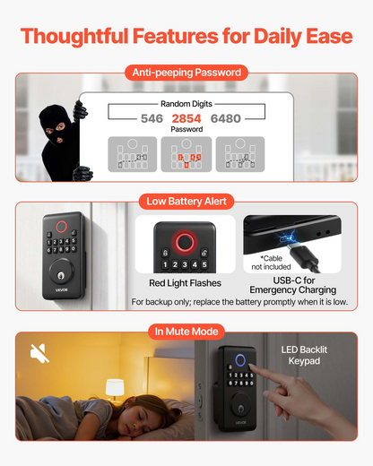 Start2Finish VEVOR electronic deadbolt lock with backlit keypad, keyless entry, auto lock, and anti-peeking password for home security.