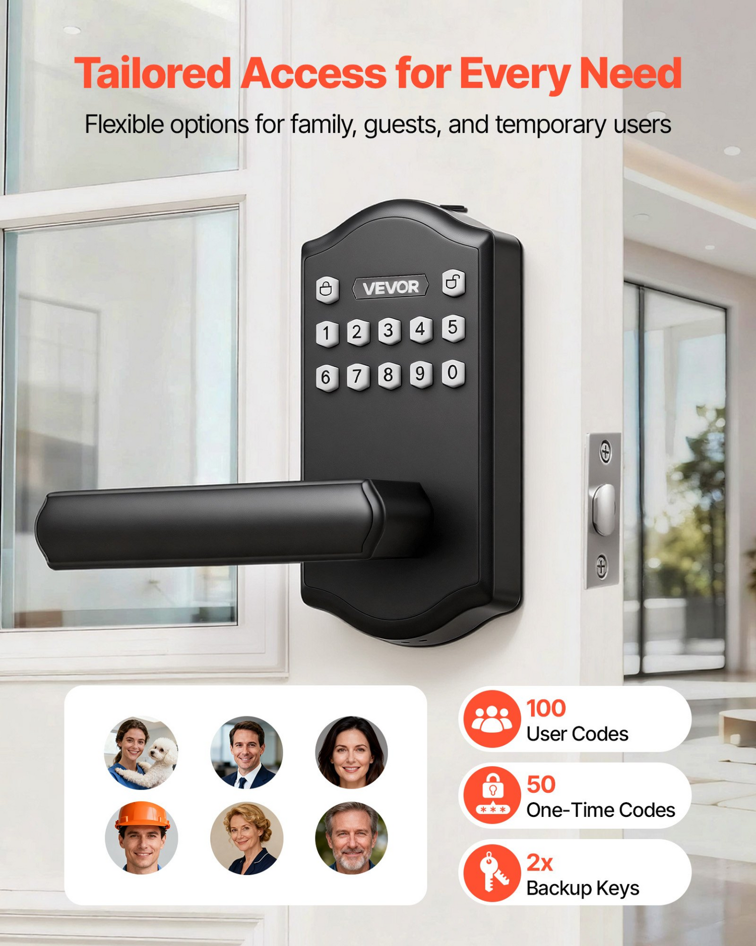 Start2Finish VEVOR keyless entry door lock with matte black handle, backlit keypad, and customizable user codes.