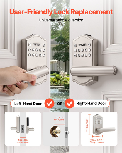 Start2Finish VEVOR keyless entry door lock with handle, satin nickel finish, backlit keypad, customizable codes, auto lock, and keyed entry.