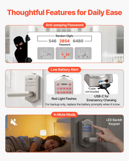 Start2Finish VEVOR keyless entry door lock with handle, satin nickel finish, backlit keypad, customizable codes, auto lock, and anti-peeking features.