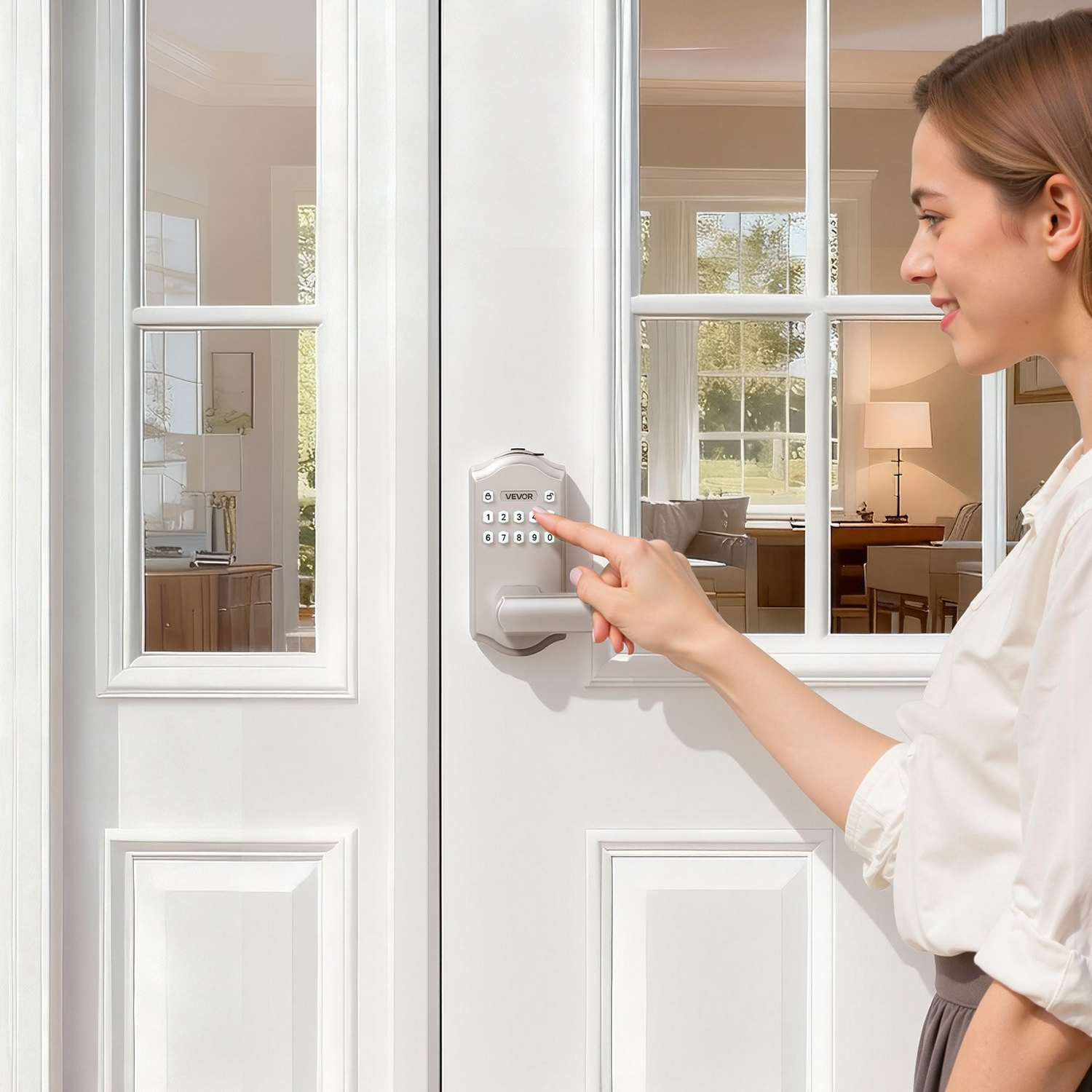 Start2Finish VEVOR keyless entry door lock with satin nickel handle, backlit keypad, customizable codes, and auto-lock feature.