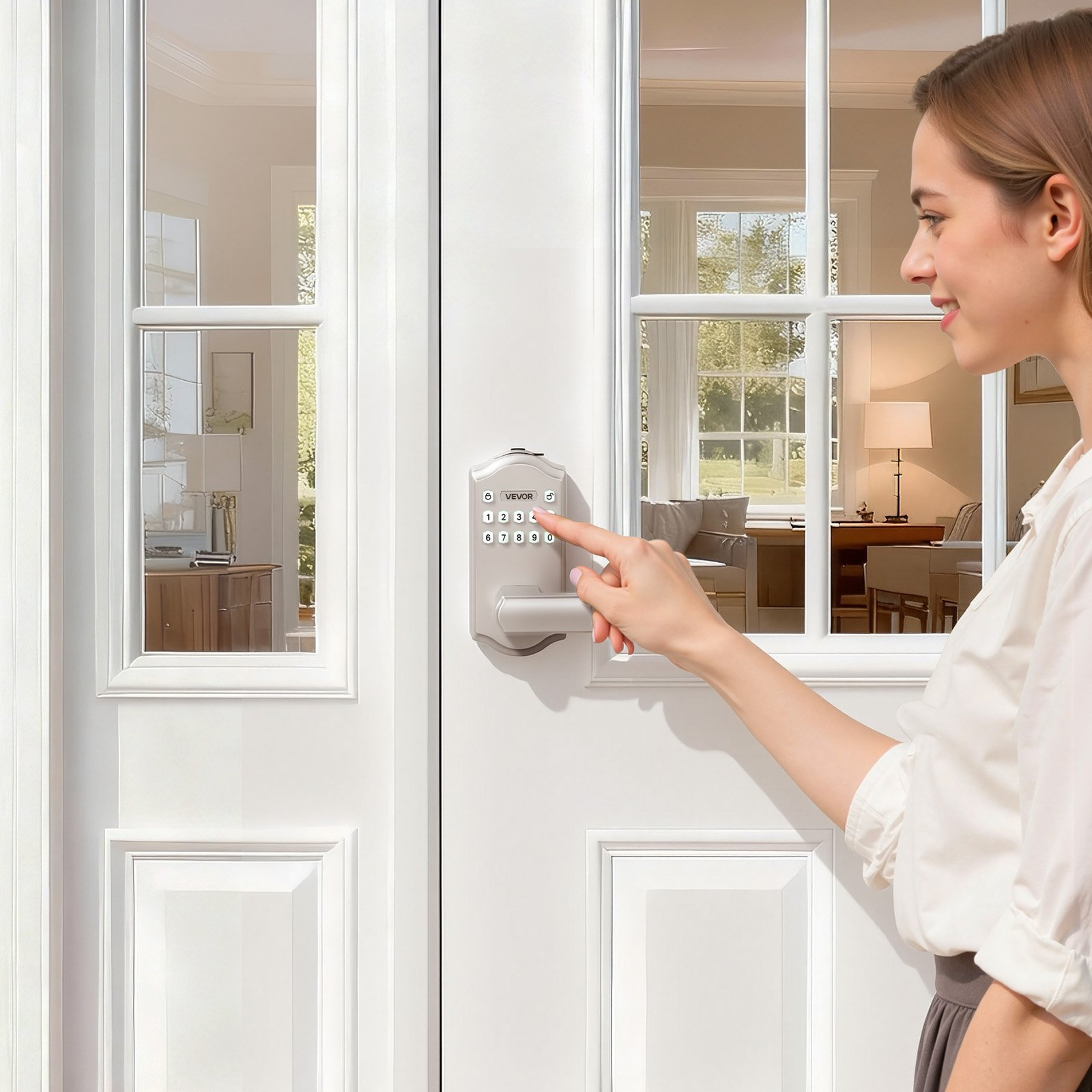 Start2Finish VEVOR keyless entry door lock with satin nickel handle, backlit keypad, customizable codes, and auto-lock feature.