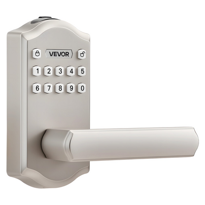 Start2Finish VEVOR keyless entry door lock with satin nickel handle, backlit keypad, customizable codes, auto lock, and anti-peeking feature