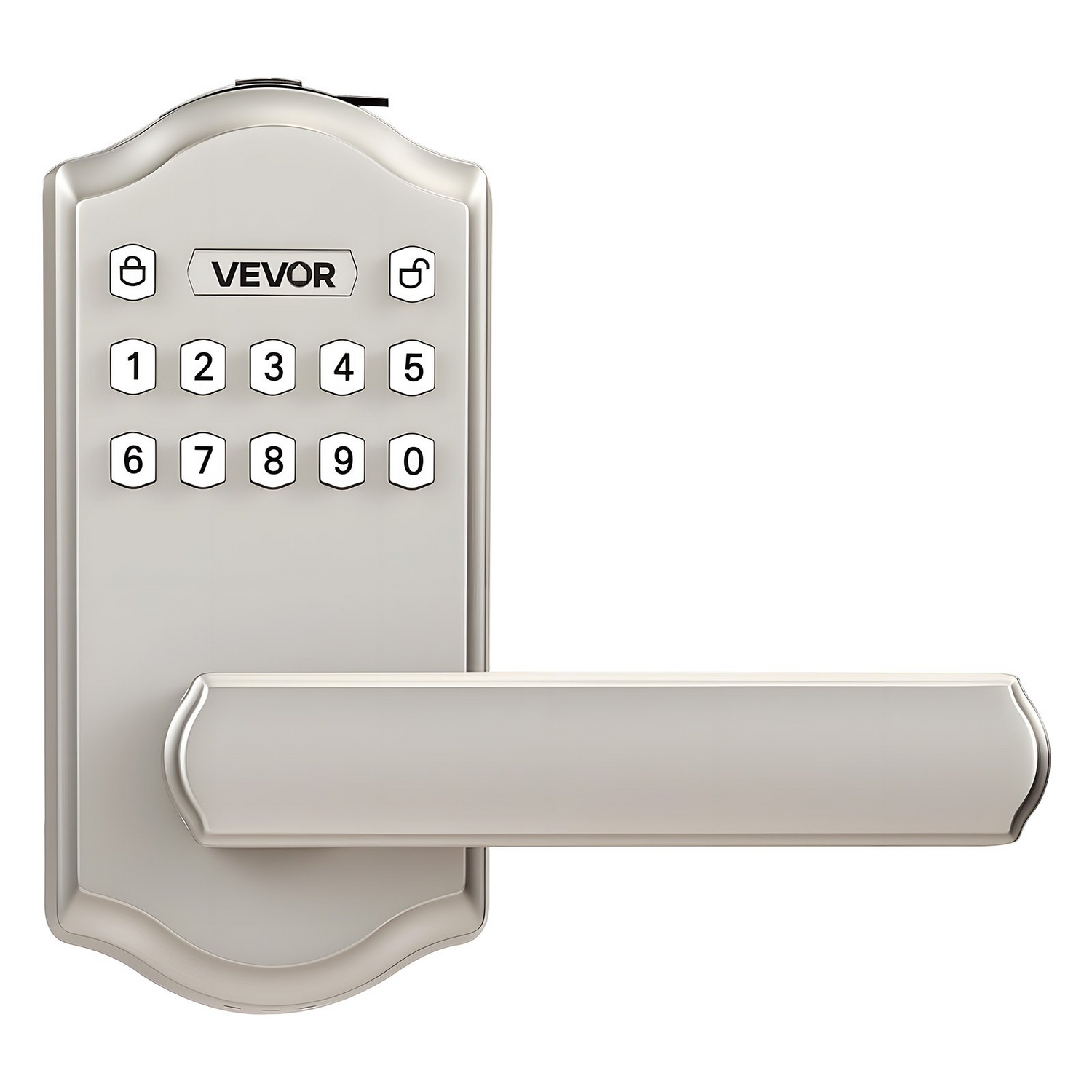 Start2Finish VEVOR keyless entry door lock with satin nickel handle, backlit keypad, customizable codes, auto lock, and anti-peeking features.