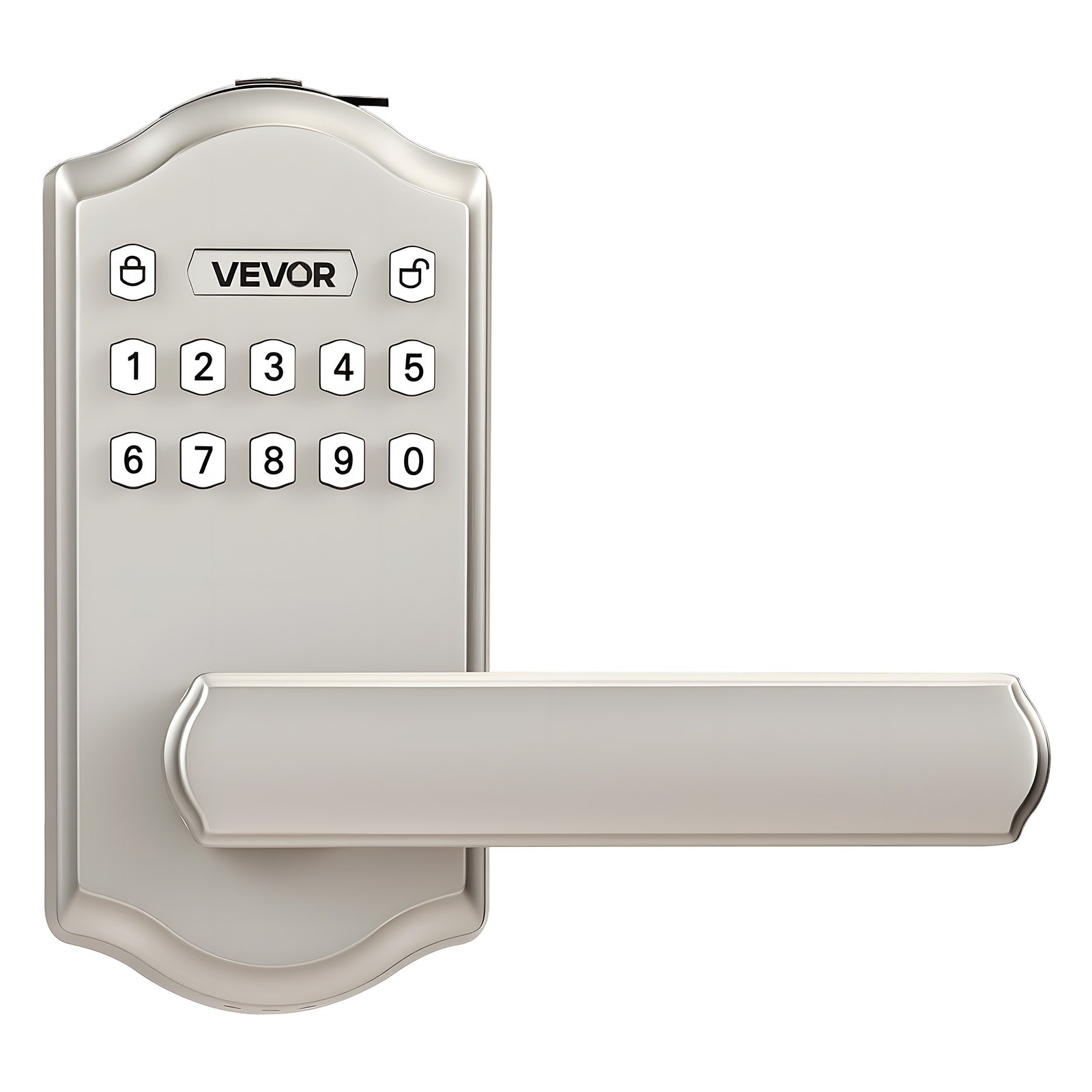 Start2Finish VEVOR keyless entry door lock with satin nickel handle, backlit keypad, customizable codes, auto lock, and anti-peeking features.