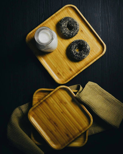 Blue Hades bamboo square plate, 5x5 inches, ideal for appetizers, natural wood finish, perfect for home and garden dining.