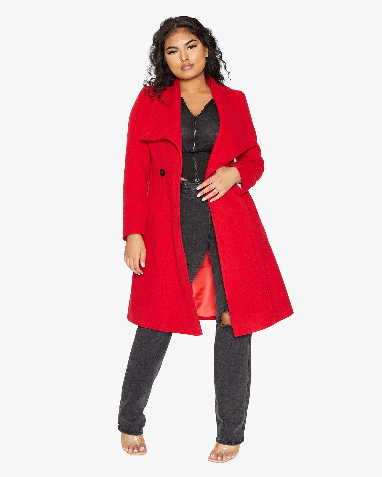 Rose Eleusis waterfall lapel double-breasted duster coat, elegant jacket with flowing design and tailored details.