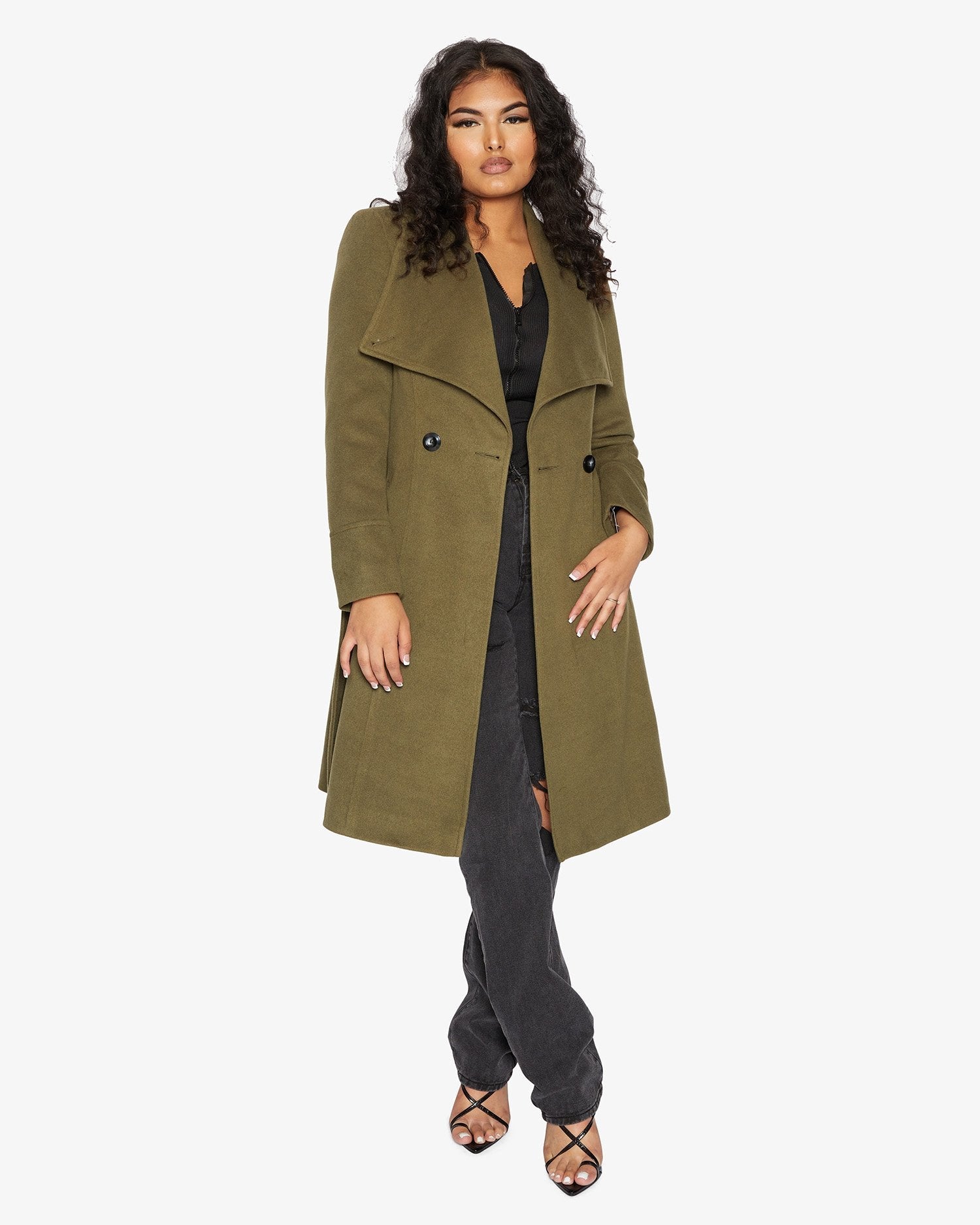Rose Eleusis waterfall lapel double-breasted duster coat displayed on a hanger, showcasing its elegant design and flowing fabric.