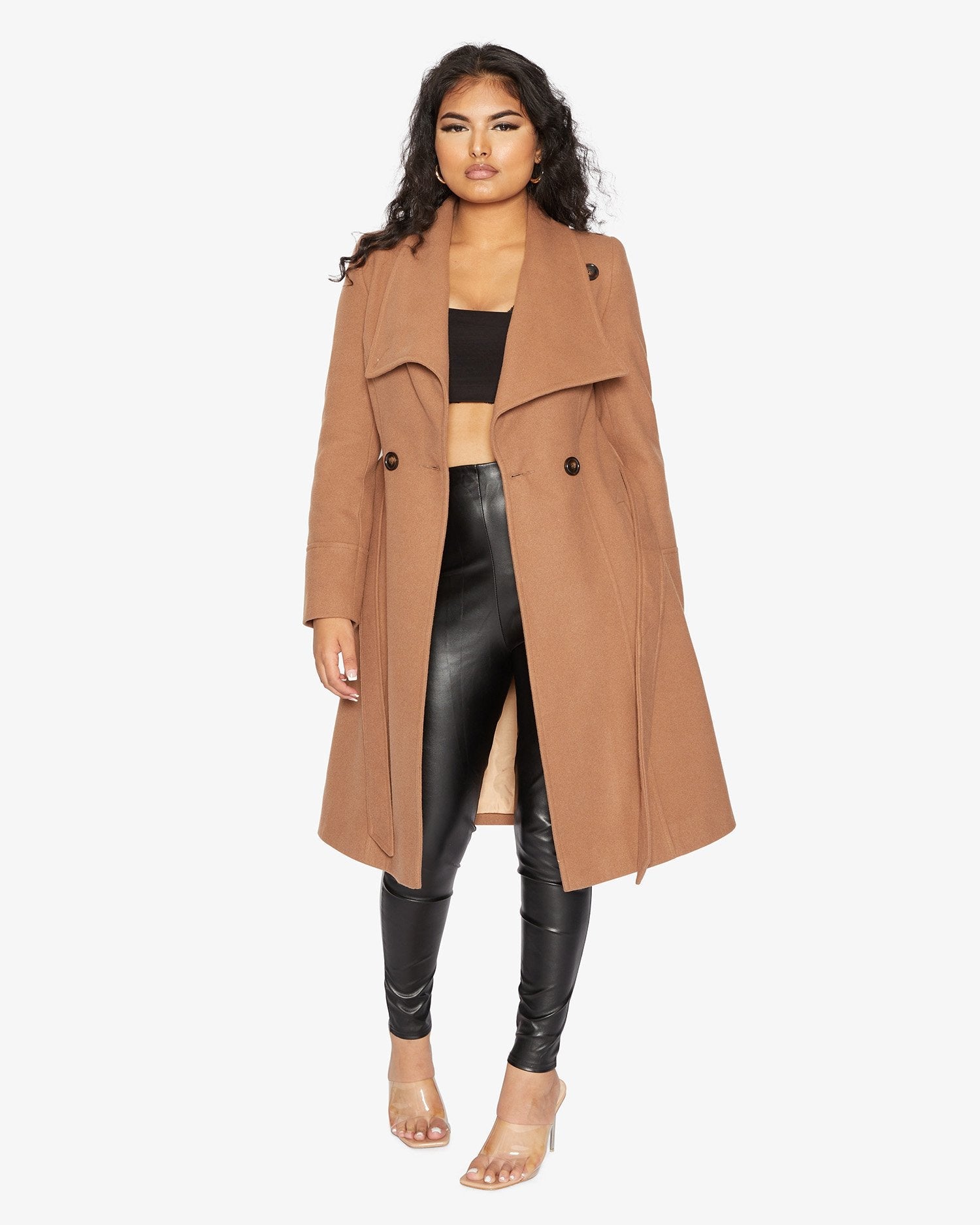 Rose Eleusis waterfall lapel double-breasted duster coat, stylish jacket with flowing design and tailored fit.