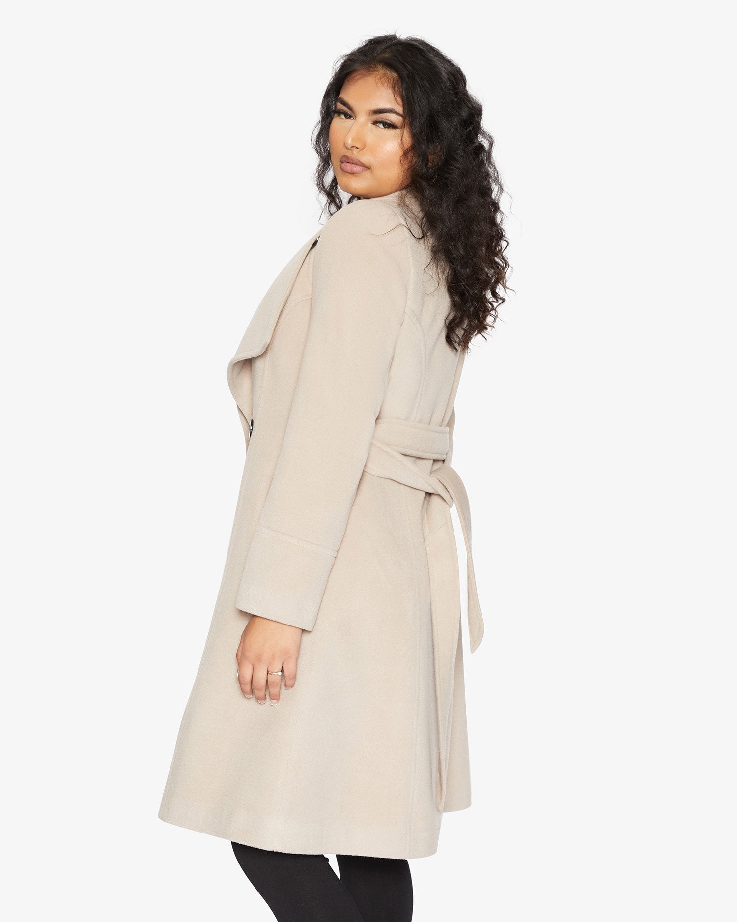 Rose Eleusis waterfall lapel double-breasted duster coat, stylish jacket with flowing design and elegant lapel details.