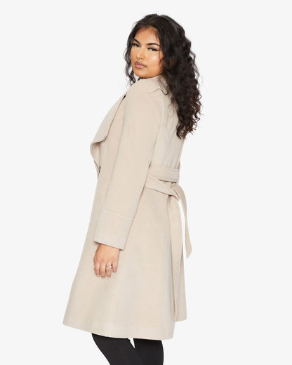 Rose Eleusis waterfall lapel double-breasted duster coat, stylish jacket with flowing design and elegant lapel details.