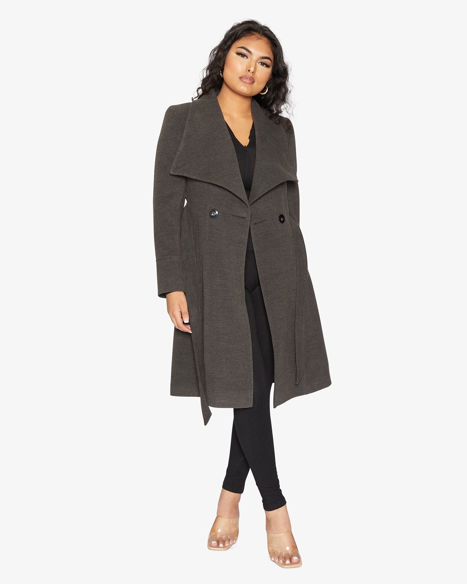 Rose Eleusis waterfall lapel double-breasted duster coat in soft fabric, shown on a hanger. Elegant jacket for layered style.