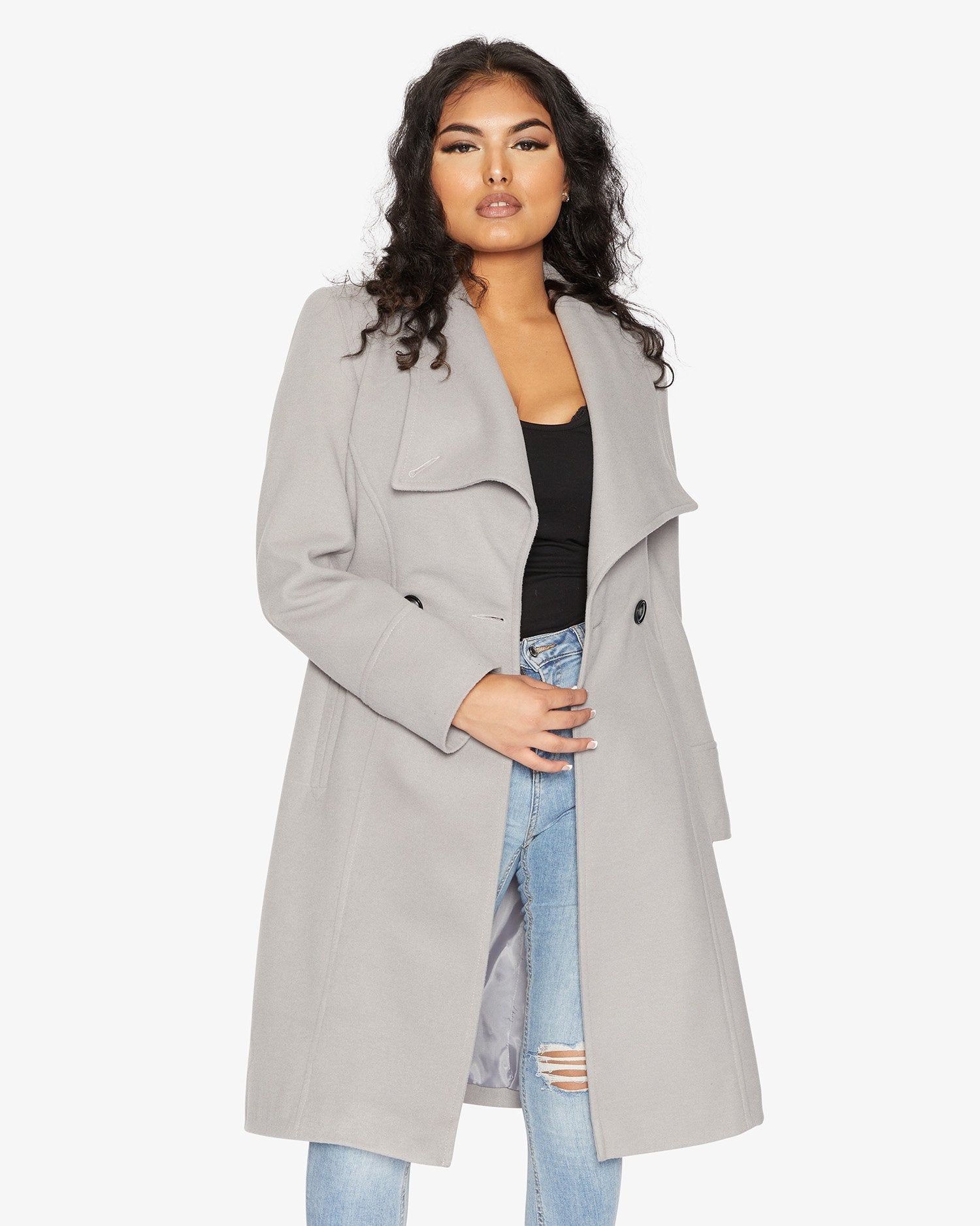 Rose Eleusis waterfall lapel double-breasted duster coat, stylish jacket with flowing design and tailored fit, front view.