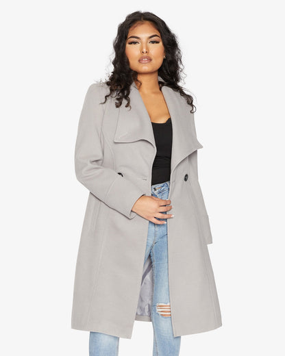 Rose Eleusis waterfall lapel double-breasted duster coat, stylish jacket with flowing design and tailored fit, front view.