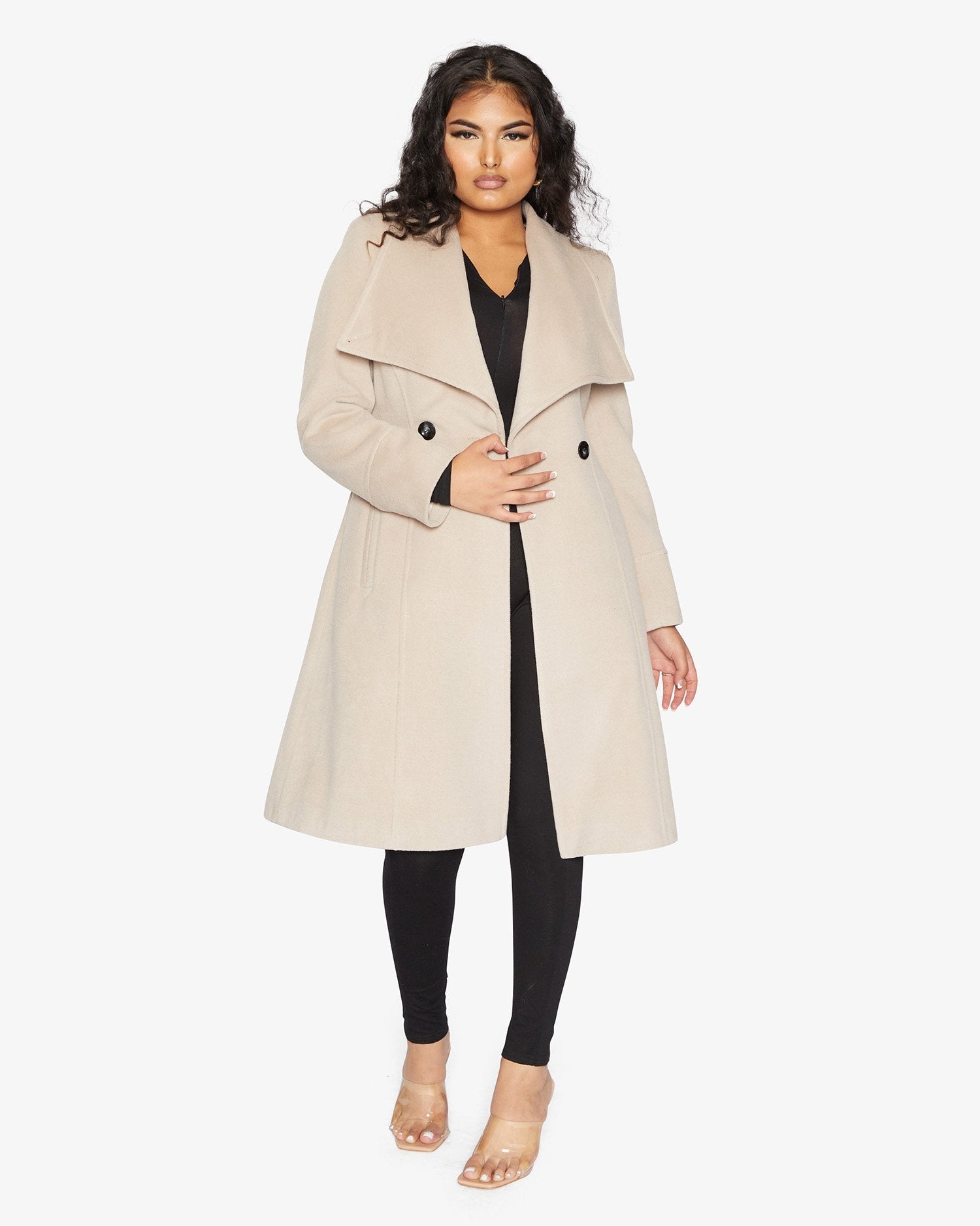 Rose Eleusis waterfall lapel double-breasted duster coat, stylish jacket with flowing design and tailored details.