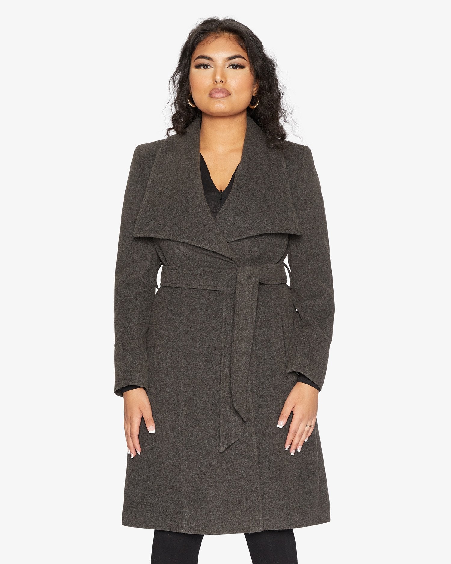 Rose Eleusis waterfall lapel double-breasted duster coat in soft fabric, displayed on a hanger.