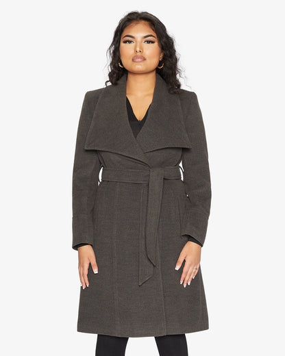 Rose Eleusis waterfall lapel double-breasted duster coat in soft fabric, displayed on a hanger.