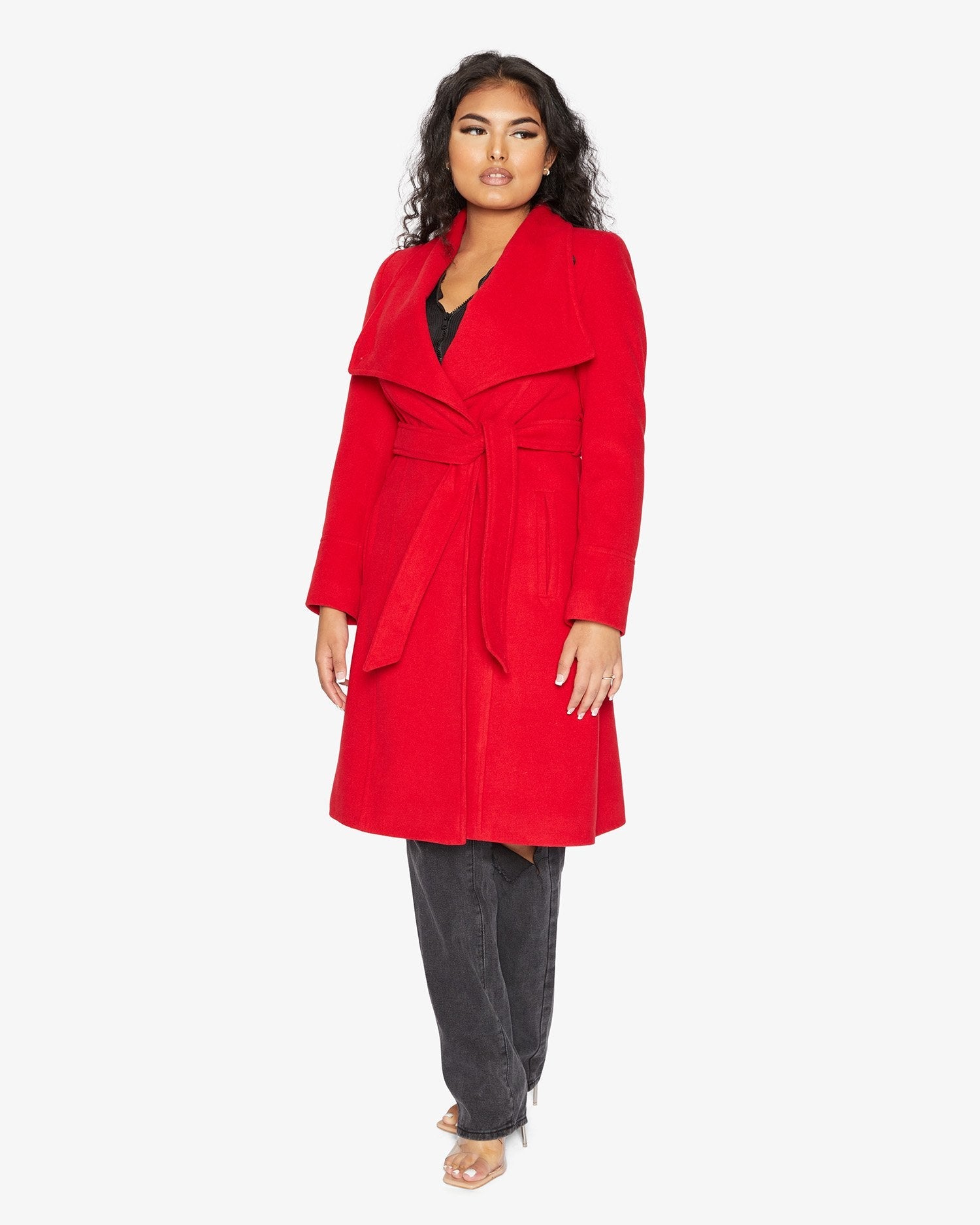 Rose Eleusis waterfall lapel double-breasted duster coat, stylish jacket with flowing design and elegant lapel details.
