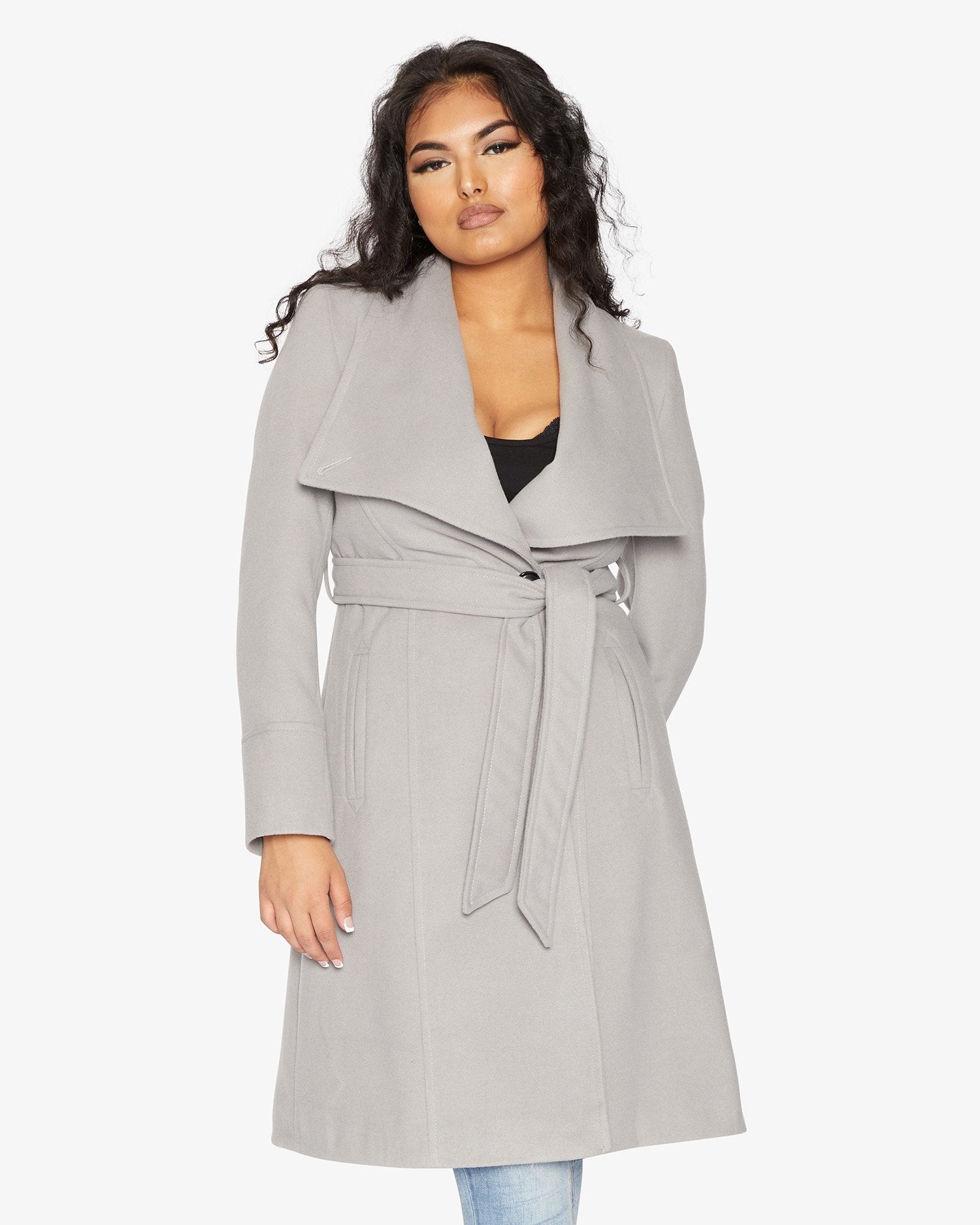Rose Eleusis waterfall lapel double-breasted duster coat, stylish jacket with flowing design and tailored fit, front view.