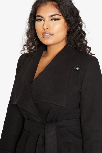 Rose Eleusis waterfall lapel double-breasted duster coat, stylish jacket with flowing design and tailored fit.