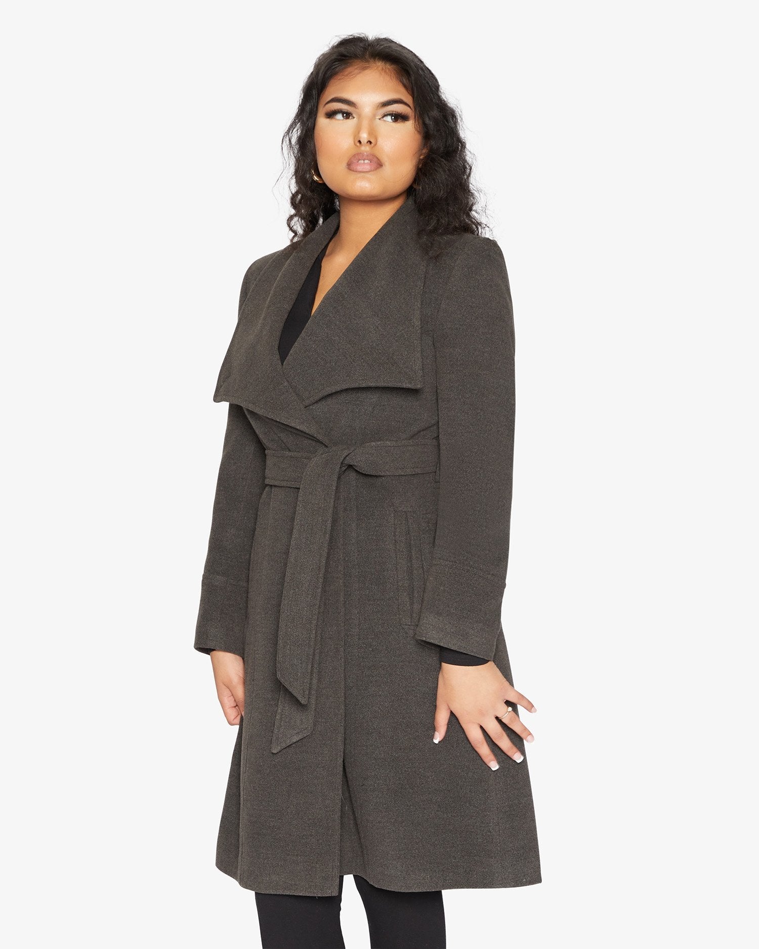 Rose Eleusis waterfall lapel double-breasted duster coat, stylish jacket with flowing design and elegant collar detail.