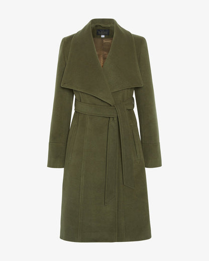 Rose Eleusis waterfall lapel double-breasted duster coat, stylish jacket with flowing lapels and tailored fit, front view.
