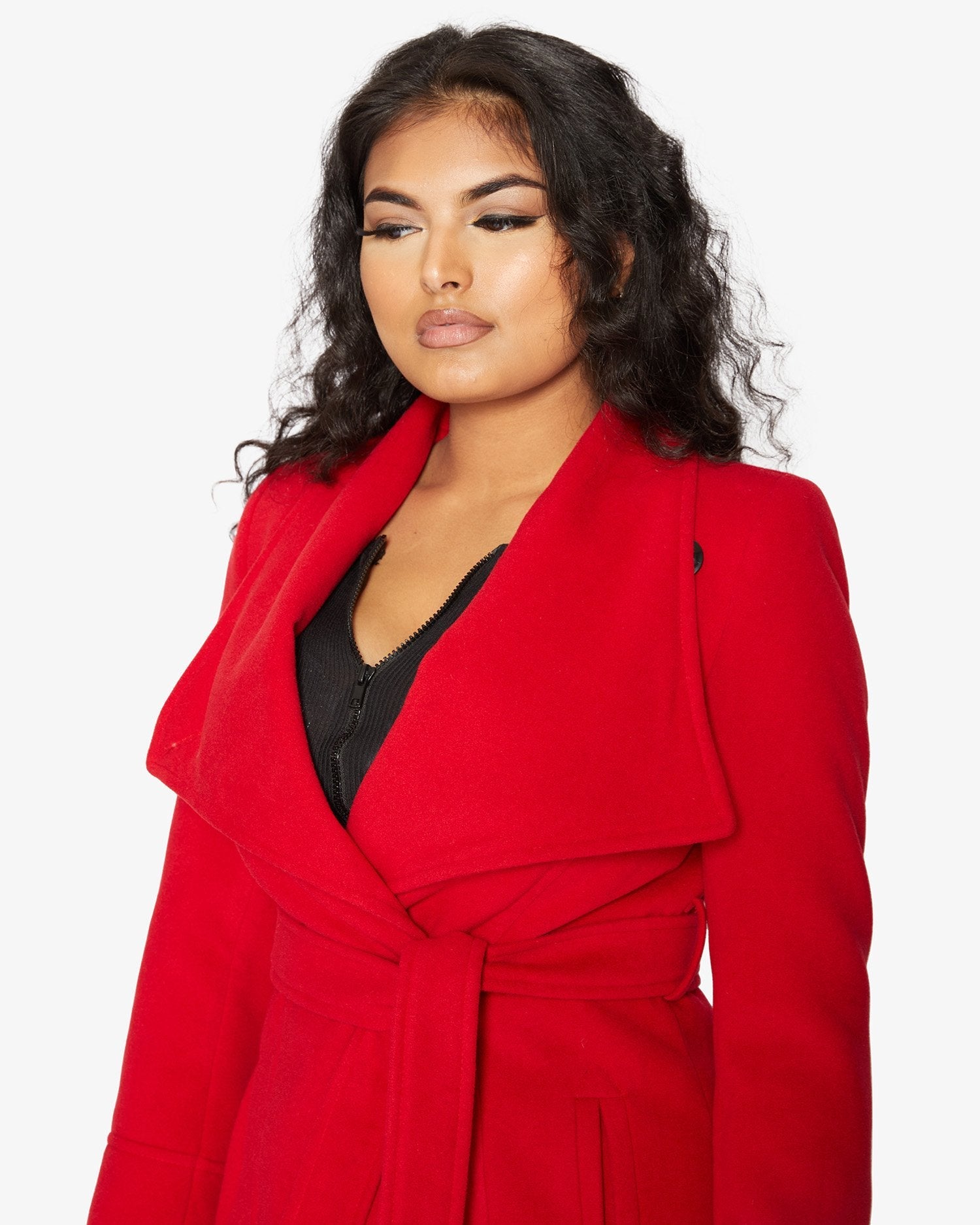 Rose Eleusis waterfall lapel double-breasted duster coat, stylish long jacket with elegant design and flowing fabric.