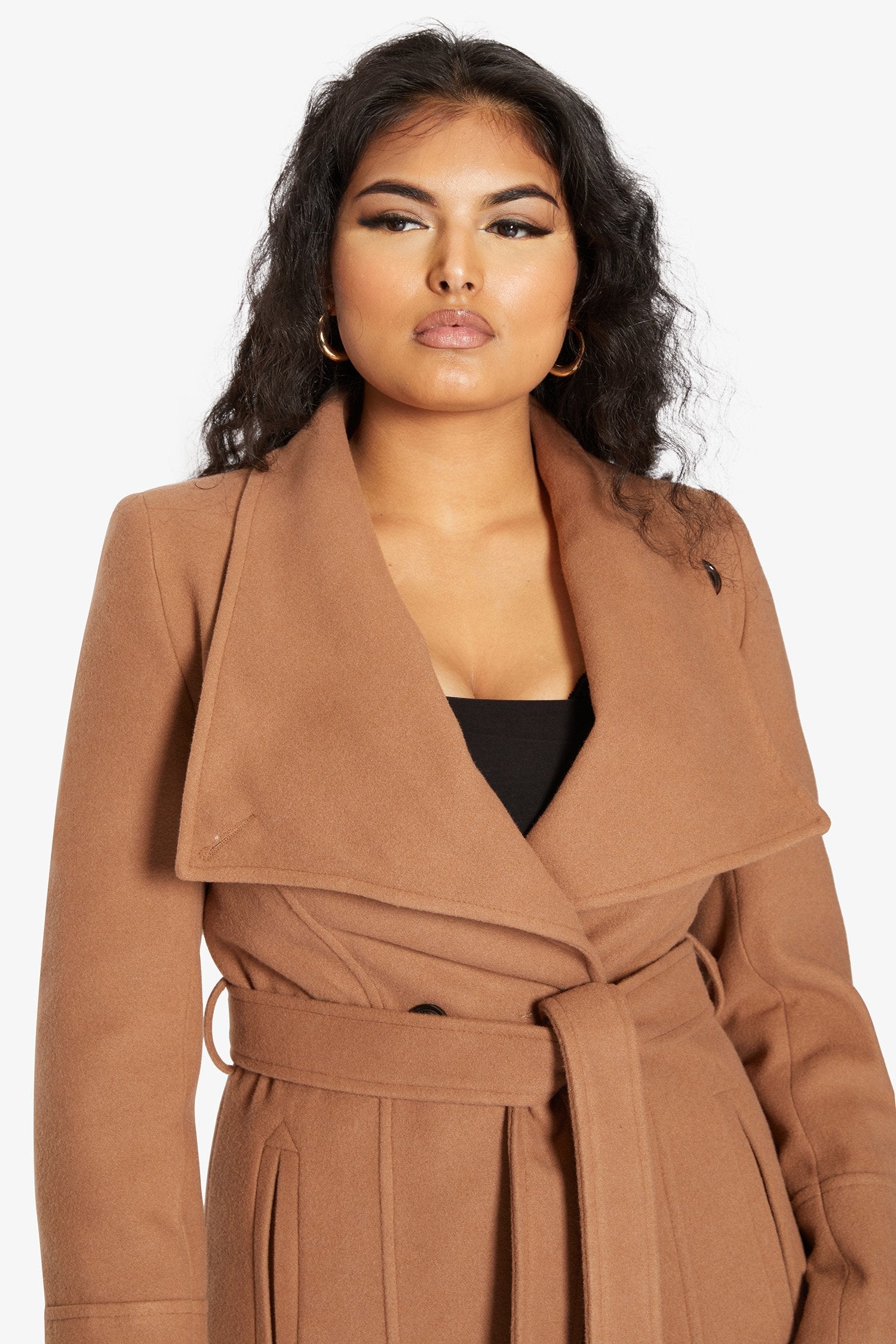 Rose Eleusis waterfall lapel double-breasted duster coat, stylish jacket with flowing design and elegant lapels, front view.