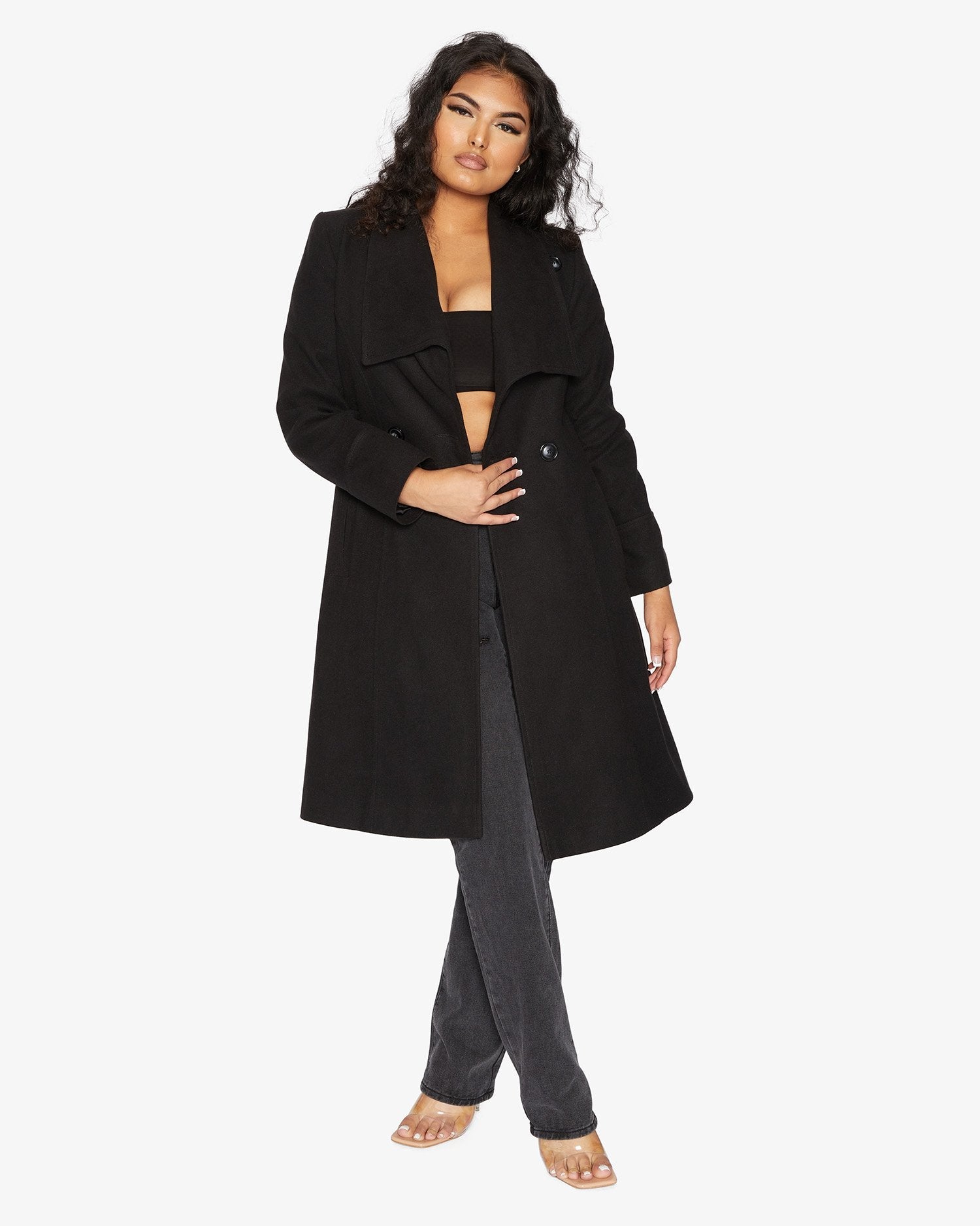 Rose Eleusis waterfall lapel double-breasted duster coat, stylish long jacket with flowing design and tailored details.