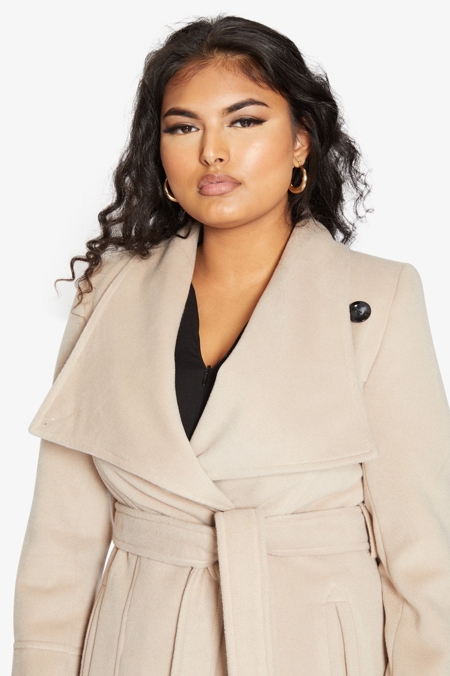 Rose Eleusis waterfall lapel double-breasted duster coat, stylish jacket with flowing design and tailored fit, shown on model.