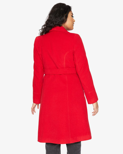 Rose Eleusis waterfall lapel double-breasted duster coat on a hanger, showcasing its elegant jacket style and flowing fabric.