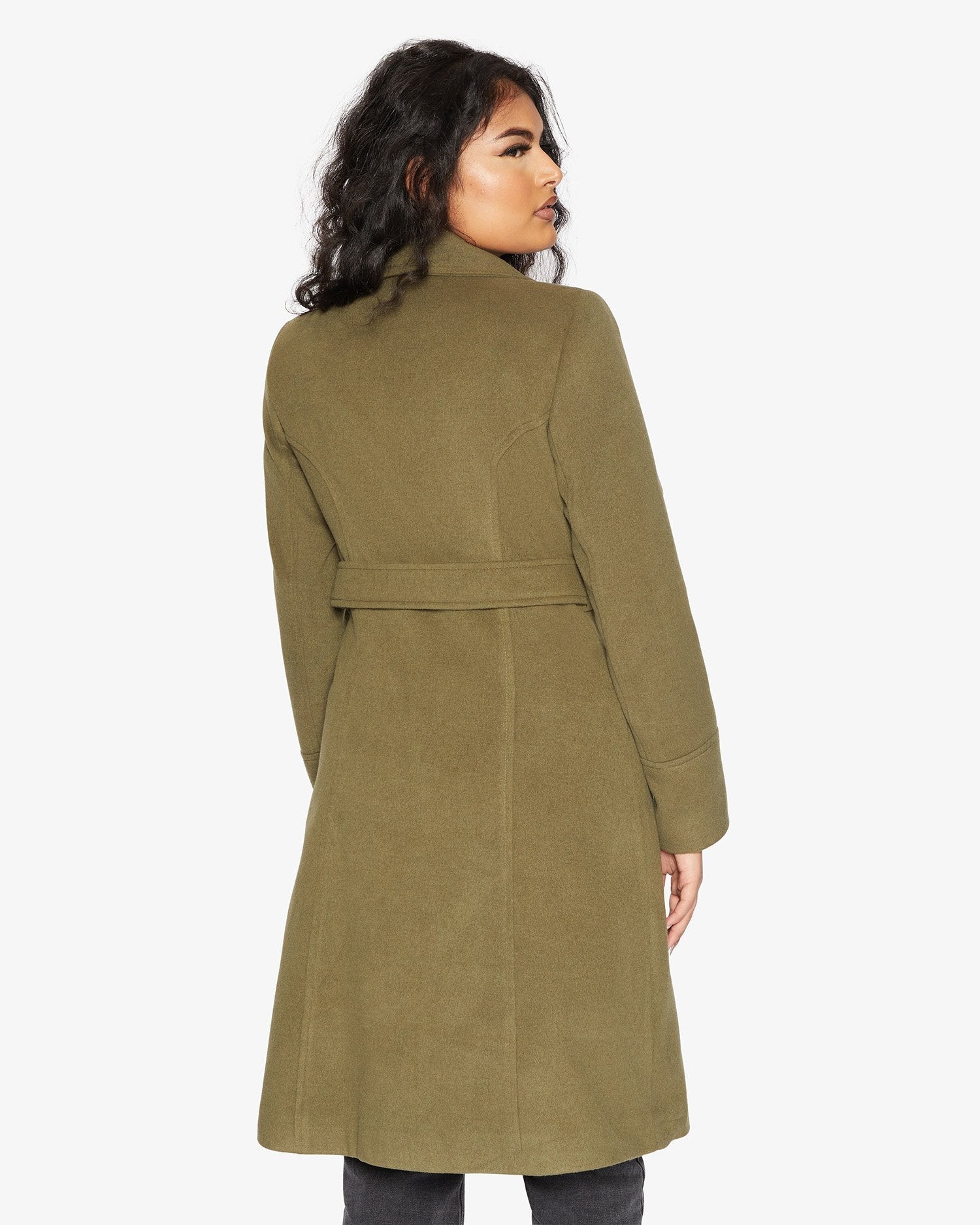 Rose Eleusis waterfall lapel double-breasted duster coat, stylish long jacket with flowing silhouette and elegant design.