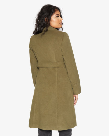 Rose Eleusis waterfall lapel double-breasted duster coat, stylish long jacket with flowing silhouette and elegant design.