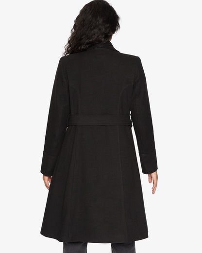 Rose Eleusis waterfall lapel double-breasted duster coat hanging on a clothing rack, showcasing its elegant design and fabric details.