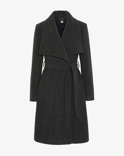 Rose Eleusis waterfall lapel double-breasted duster coat, stylish jacket with flowing lapels and tailored fit, shown on a model.