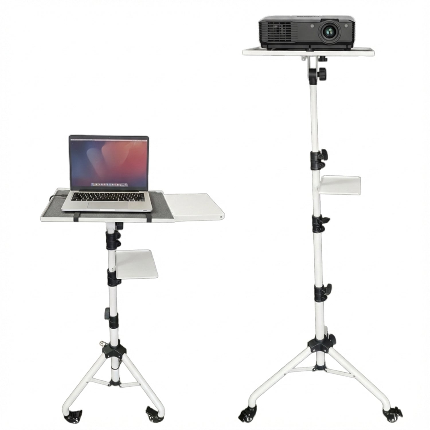 Adjustable projector stand with two shelves, phone holder, and portable tripod for laptops, height from 29.5 to 71 inches.