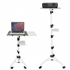 Adjustable projector stand with two shelves, phone holder, and portable tripod for laptops, height from 29.5 to 71 inches.