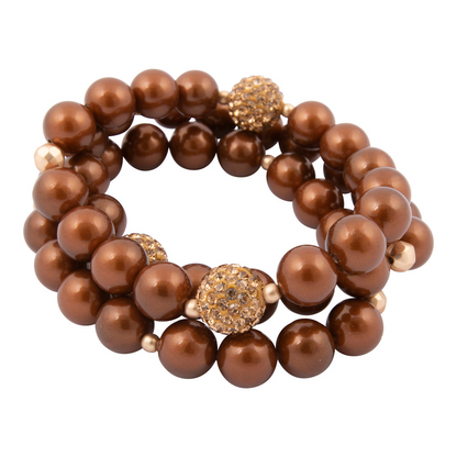 Mocha brown pearl and golden sparkle bracelet set by Start2Finish featuring elegant jewelry with shiny beads and intricate design.
