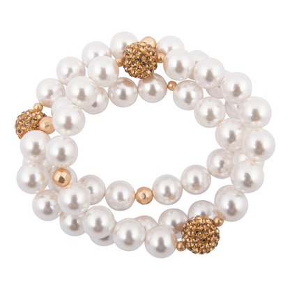 Chunky white pearl triple golden bracelet set from Start2Finish featuring layered jewelry with white pearls and gold accents.