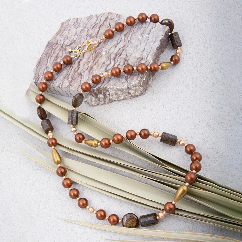 Mocha brown pearl long golden necklace from Start2Finish jewelry featuring a stylish, elegant design with pearl beads and golden chain.