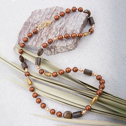 Mocha brown pearl long golden necklace from Start2Finish jewelry featuring a stylish, elegant design with pearl beads and golden chain.