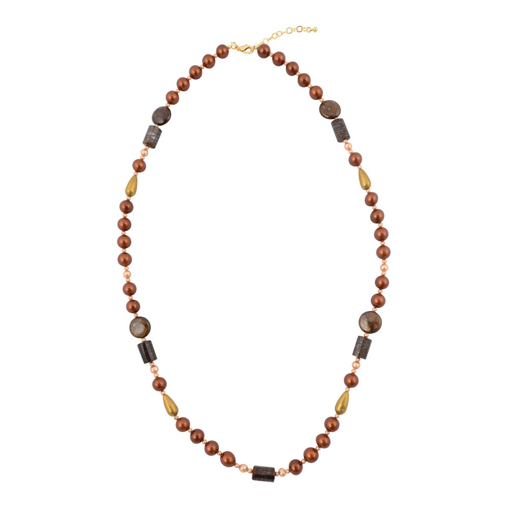 Mocha brown pearl long golden necklace from Start2Finish jewelry featuring a string of pearls and gold chain details.