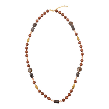 Mocha brown pearl long golden necklace from Start2Finish jewelry featuring a string of pearls and gold chain details.