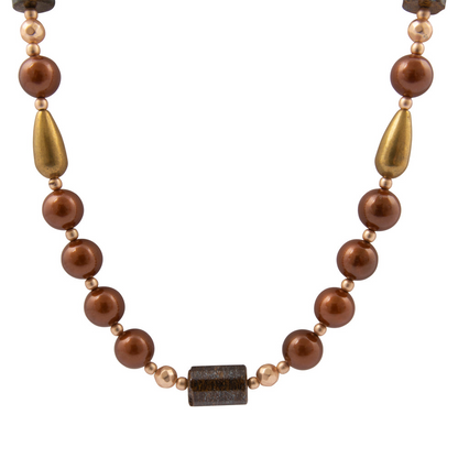 Mocha brown pearl long golden necklace from Start2Finish jewelry, featuring a string of pearls with a gold chain.